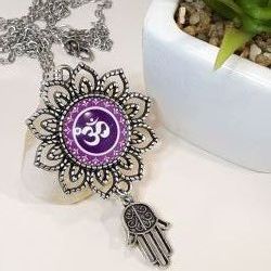  cseppletkp Lila ohm nyaklnc, mandala alapon, Fatima keze fityegvel